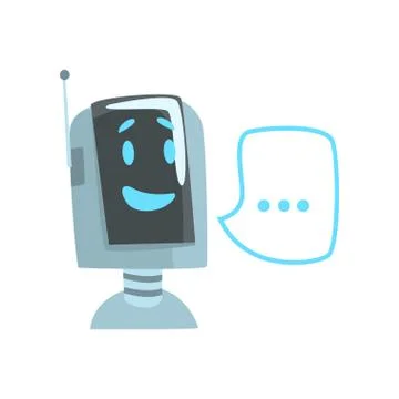 Smiling funny robot and speech bubble, voice support service chat bot, virtual Stock Illustration