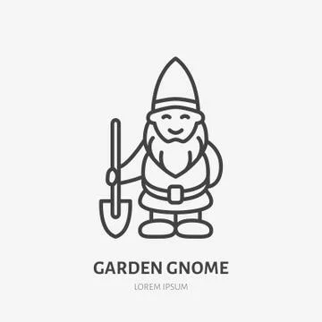 Smiling garden gnome, dwarf flat line icon. Thin linear logo for gardening store Illustrazione stock