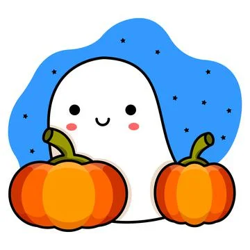 Smiling ghost and pumpkins. Sky and stars. halloween drawing. Vector Stock Illustration