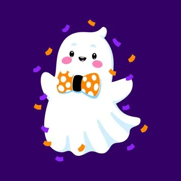 Smiling ghost character with bow tie and confetti Stock Illustration