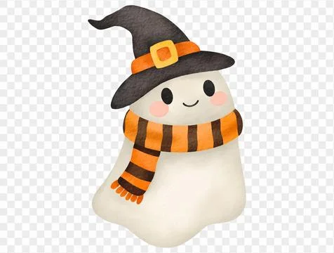 Smiling ghost with orange scarf and witch hat watercolor vector. Stock Illustration