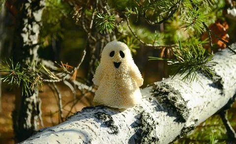 A smiling ghost toy close-up stands on a birch bark in the forest and sunlit Stock Photos