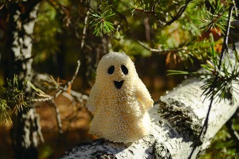 A smiling ghost toy close-up stands on a birch bark in the forest and sunlit Foto stock