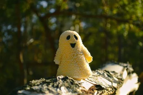 A smiling ghost toy close-up stands on a birch bark in the forest and sunlit Foto stock