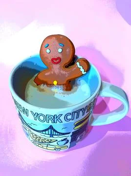Smiling gingerbread man, which is taking bath in a cup New York City Stock Illustration
