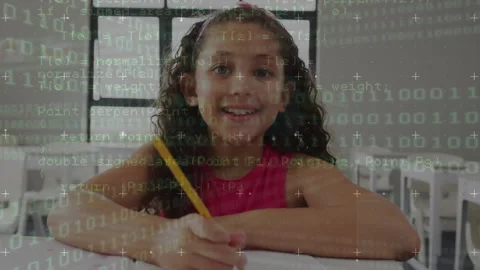 Smiling girl holding pencil with coding animation over classroom background Stock Footage 305292657