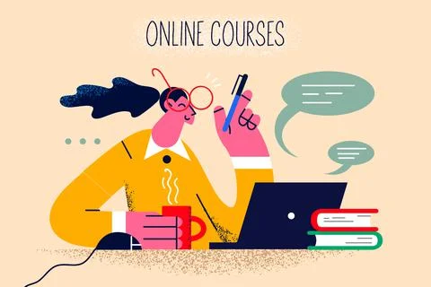 Smiling girl study online on computer Stock Illustration