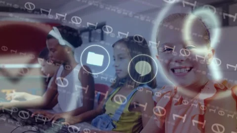 Smiling girl turning to camera, typing causing binary and tech icons centering Stock Footage 334703099