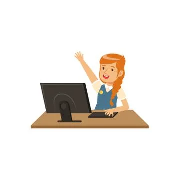 Smiling girl using computer at informatics lesson at school vector Illustration Stock Illustration