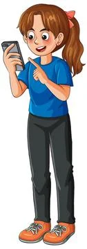 Smiling Girl Using Smartphone in Full Length Cartoon Illustrazione stock