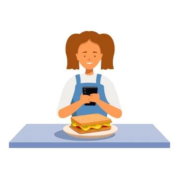 Smiling girl using smartphone while having breakfast at kitchen table Stock Illustration