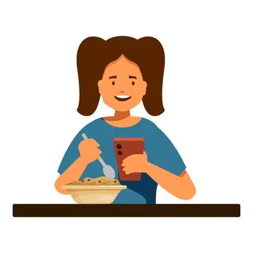 Smiling girl using smartphone while eating breakfast cereal Stock Illustration