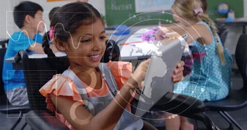Smiling girl using tablet, data visualization animation over classroom Stock Footage 305063152