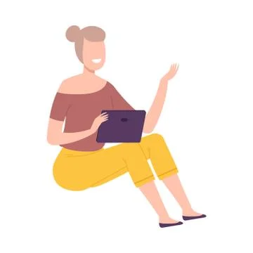 Smiling Girl Using Tablet, Young Woman Sitting on the Floor and Communicating イラスト素材