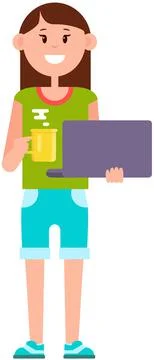 Smiling girl working remotely with computer, drinking tea. Freelance or internet Stock Illustration