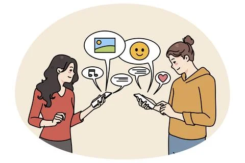Smiling girlfriends using cellphones communicating online on social media. Happy Illustrazione stock