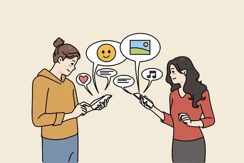 Smiling girlfriends using cellphones communicating online on social media. Happy Illustrazione stock