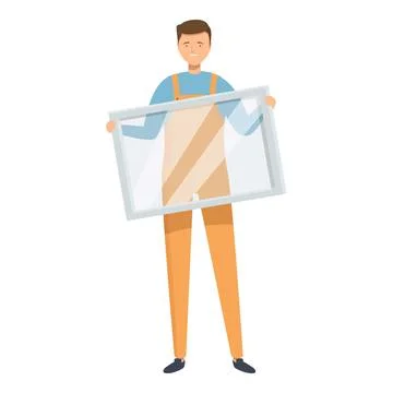 Smiling glazier holding a window pane, home renovation concept Ilustración de archivo