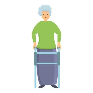 Smiling granny with walker icon, cartoon style Stock Illustration