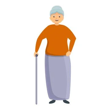 Smiling granny with walking stick icon, cartoon style Stock Illustration