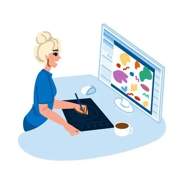Smiling graphic designer using a pen and digital drawing tablet while looking Illustrazione stock