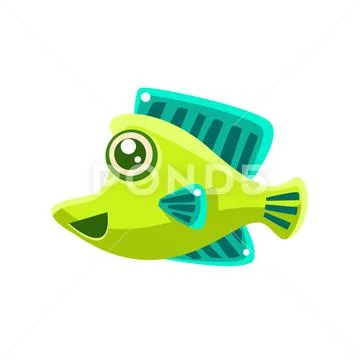Smiling Green Fantastic Aquarium Tropical Fish Cartoon Character Stock Illustration