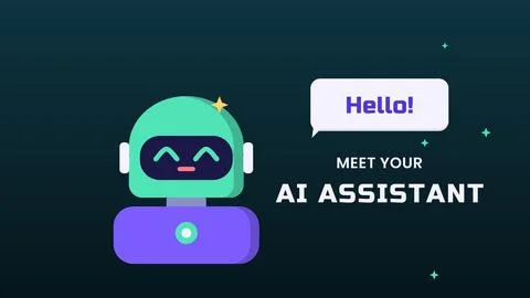 Smiling green robot with a Hello speech bubble on teal vector illustration Illustrazione stock