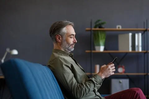Smiling grey-haired man using mobile phone apps, texting message, browsing Stock Photos