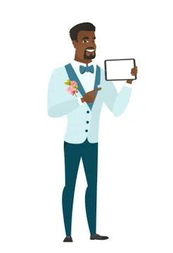 Smiling groom holding tablet computer. Stock Illustration