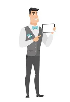 Smiling groom holding tablet computer. Stock Illustration
