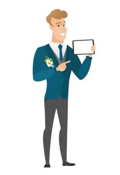 Smiling groom holding tablet computer. Stock Illustration