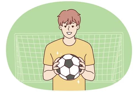 Smiling guy with ball stand near gates playing football. Happy male athlete or Stock Illustration