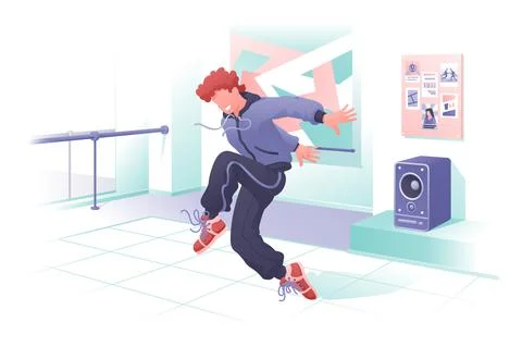 Smiling guy dancer dancing in hall, party time Stock Illustration