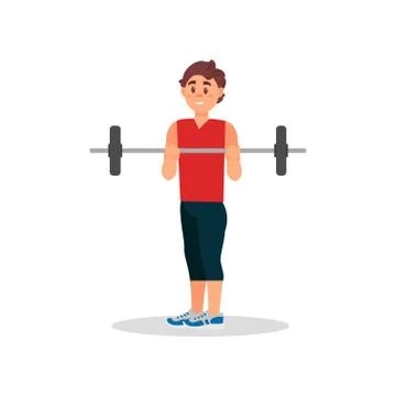 Smiling guy doing exercise with barbell. Active workout in gym. Physical 스톡 일러스트