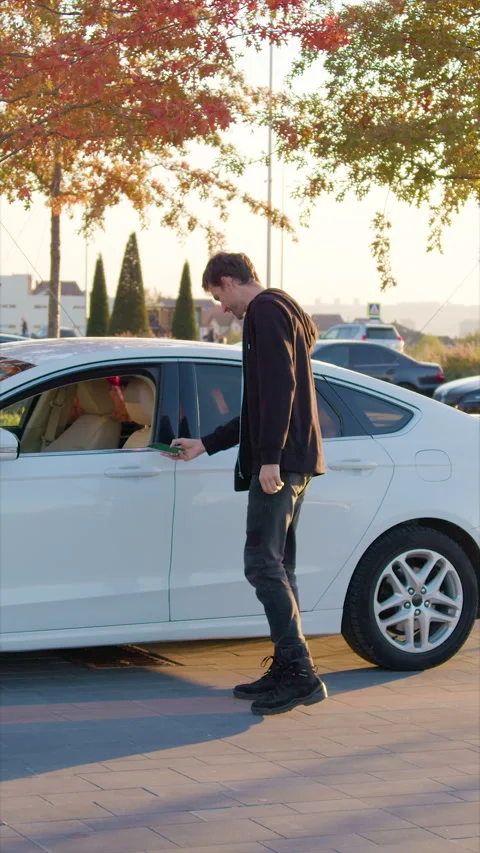 Smiling guy driver unlocks vehicle delivered via car sharing Stock Footage 300551676