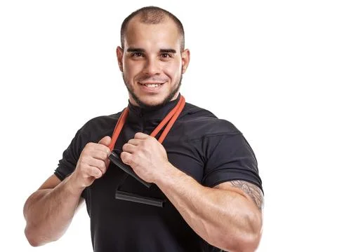 Smiling guy with expander Stock Photos