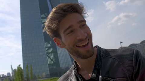 Smiling Guy in front of ECB Stock Footage 87260827