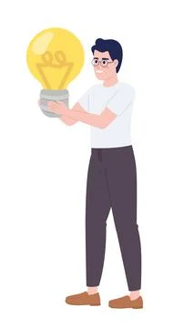 Smiling guy holding big light bulb semi flat color vector character Stock Illustration