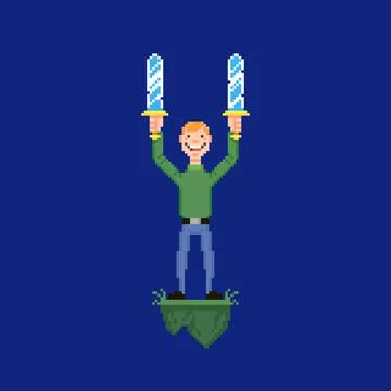Smiling guy holding two swords over his head 스톡 일러스트