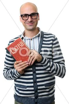 Smiling guy learning english language Stock Photos