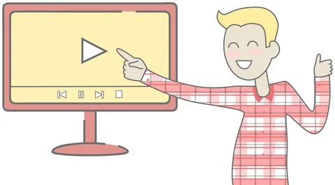 Smiling guy points to video player on monitor. Young man using application for Stock Illustration