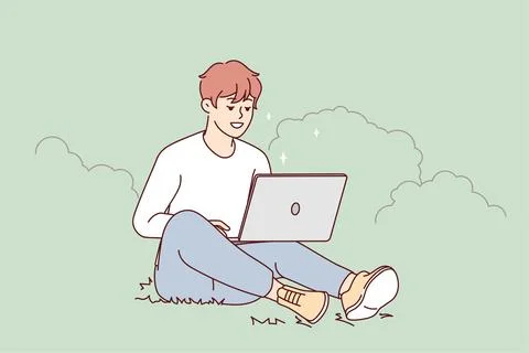 Smiling guy sit outdoors work on computer Stock Illustration