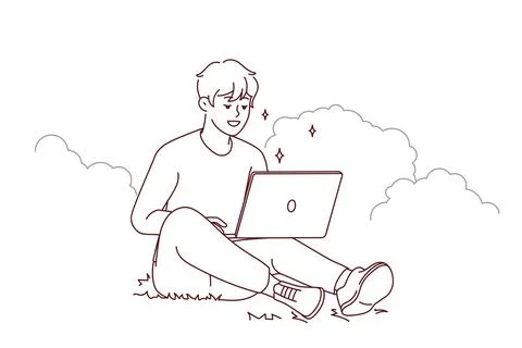 Smiling guy sit outdoors work on computer Illustrazione stock