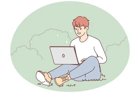 Smiling guy sit outdoors work on computer Stock Illustration