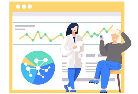Smiling guy sits with cards in his hands. Chemist monitoring research progress Stock Illustration