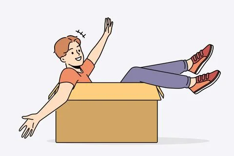Smiling guy sitting in carton box Stock Illustration