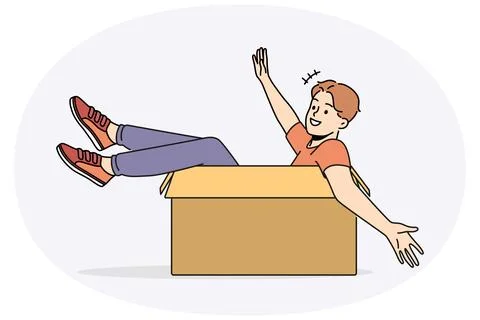 Smiling guy sitting in carton box Stock Illustration