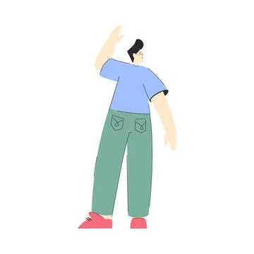 Smiling Guy Standing and Wave Hand Greeting Somebody Vector Illustration 스톡 일러스트