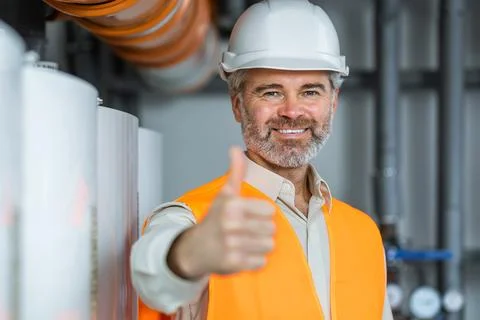 Smiling handsome caucasian worker in protective working clothes and with helm Stock Photos