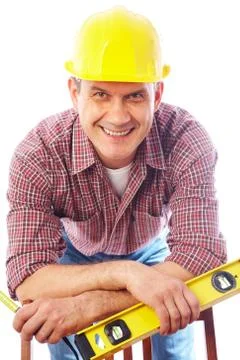 Smiling handsome man-builder Foto stock